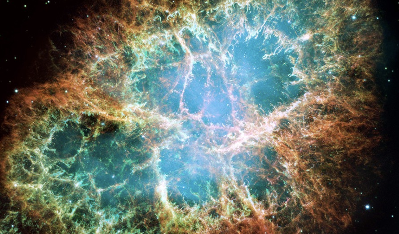 The rapidly spinning neutron star embedded in the center of the Crab nebula is the dynamo powering the nebula's eerie interior bluish glow. The blue light comes from electrons whirling at nearly the speed of light around magnetic field lines from the neutron star. The neutron star, the crushed ultra-dense core of the exploded star, like a lighthouse, ejects twin beams of radiation that appear to pulse 30 times a second. Image: NASA, ESA, J. Hester (Arizona State University)